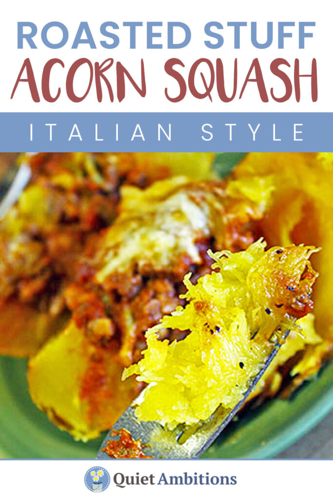 Acorn Squash stuffed with italian sauce, sausage and topped with cheese.