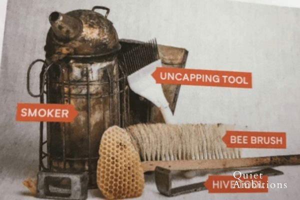 Smoker, uncapping tool, bee brush, and hive tool.