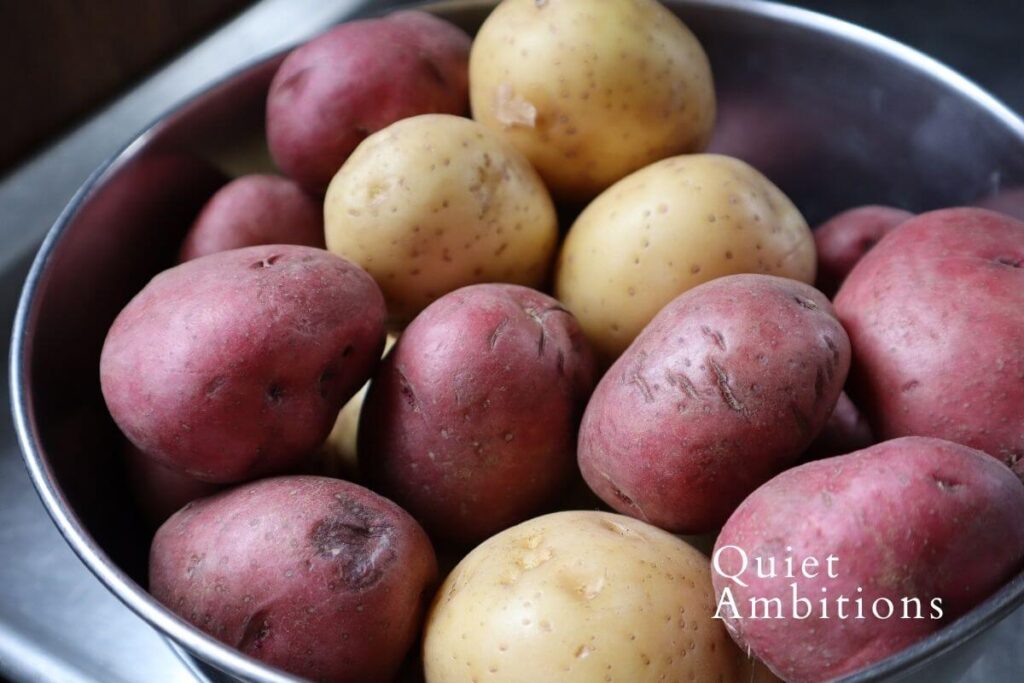 Metal bowl of small red and white potatoes. 