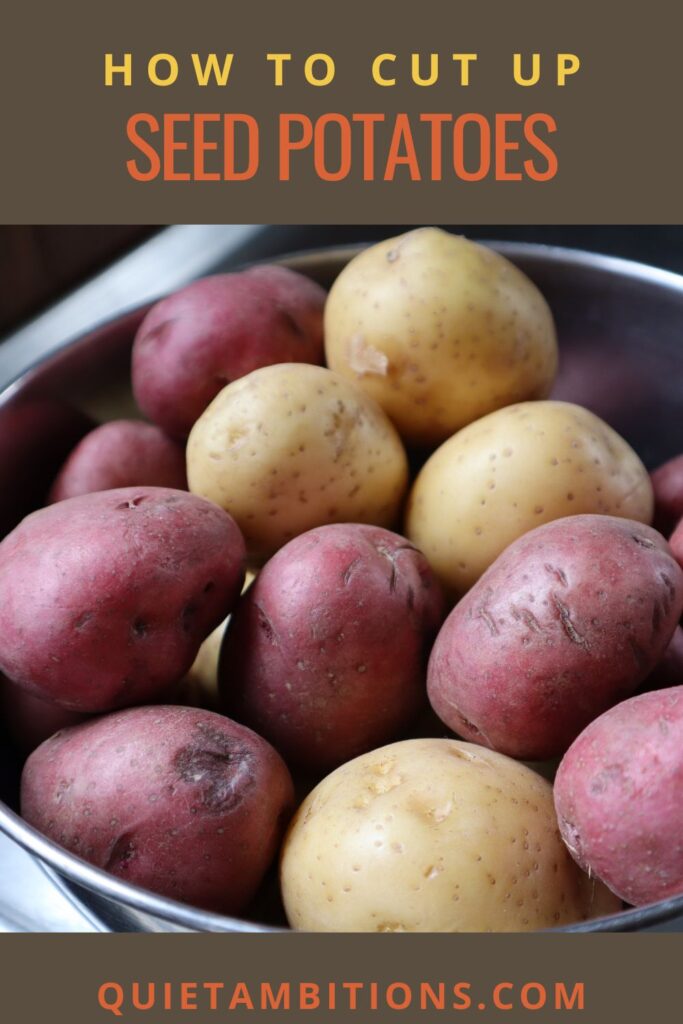 Pinterest image with a close up of red and white potatoes.